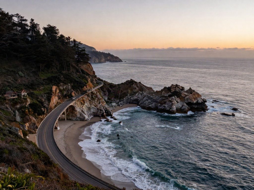 The Pacific Coast Highway at Big Sur at sunset