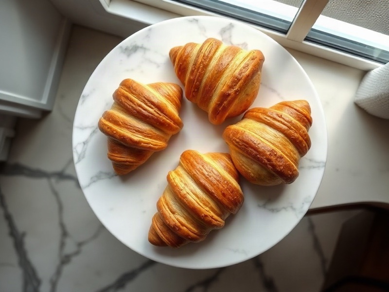 Fresh croissants on a marble counter