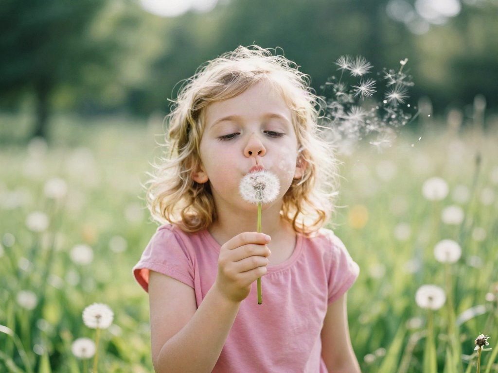 A little girl blowing dandelion seeds in a meadow