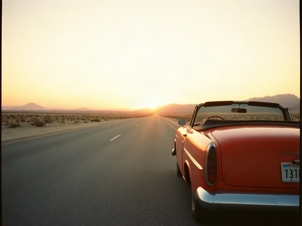 Red vintage car on a desert highway