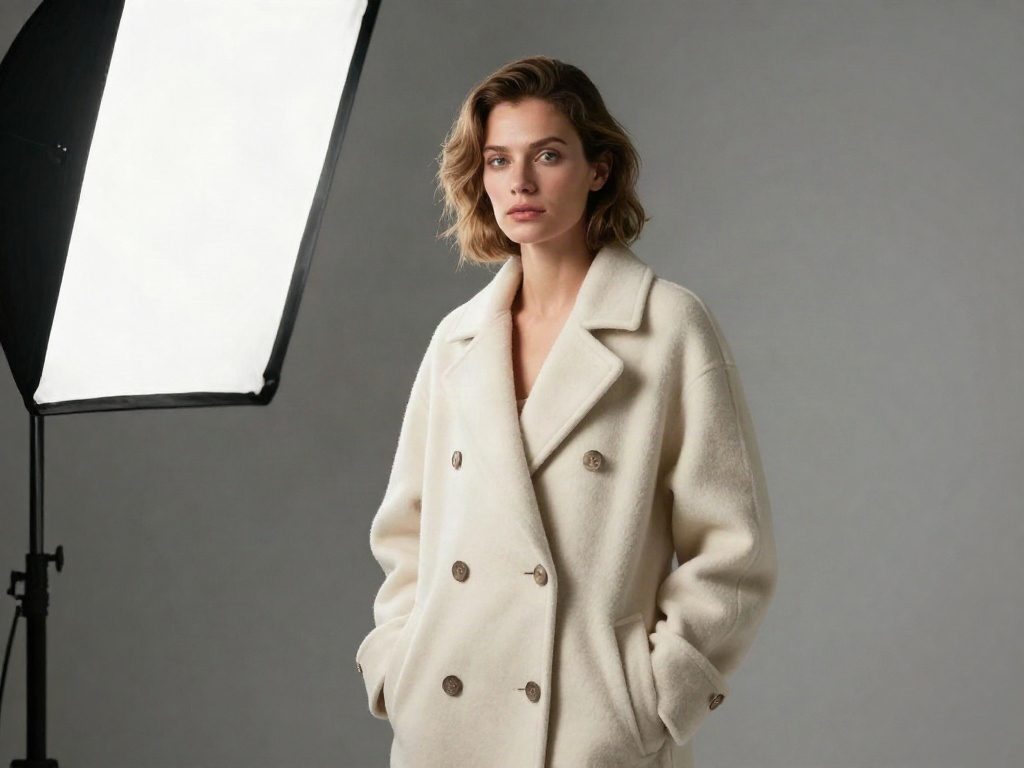 Editorial fashion portrait of a woman in a cream coat