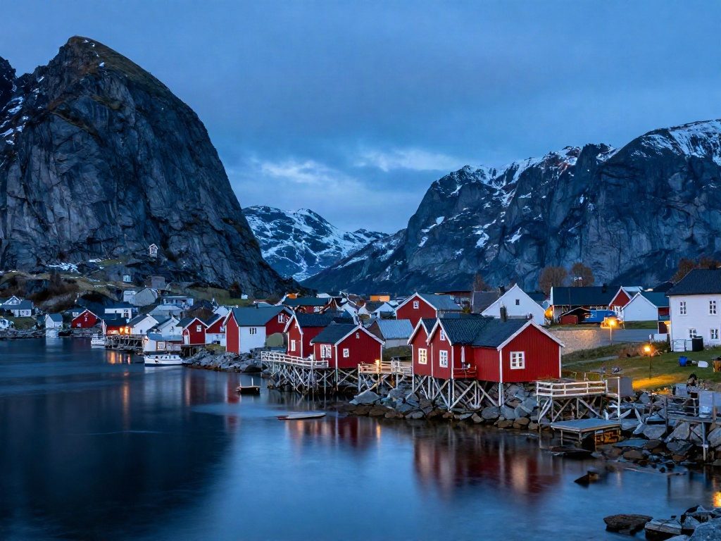 A Norwegian fjord village at blue hour
