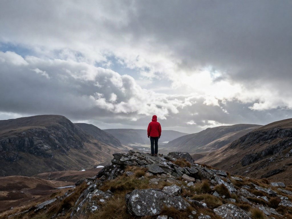 A hiker in a red jacket in the Scottish Highlands
