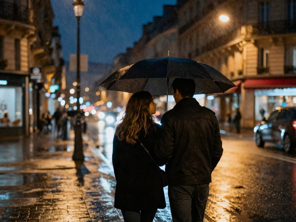 A couple under an umbrella on a rainy Paris street