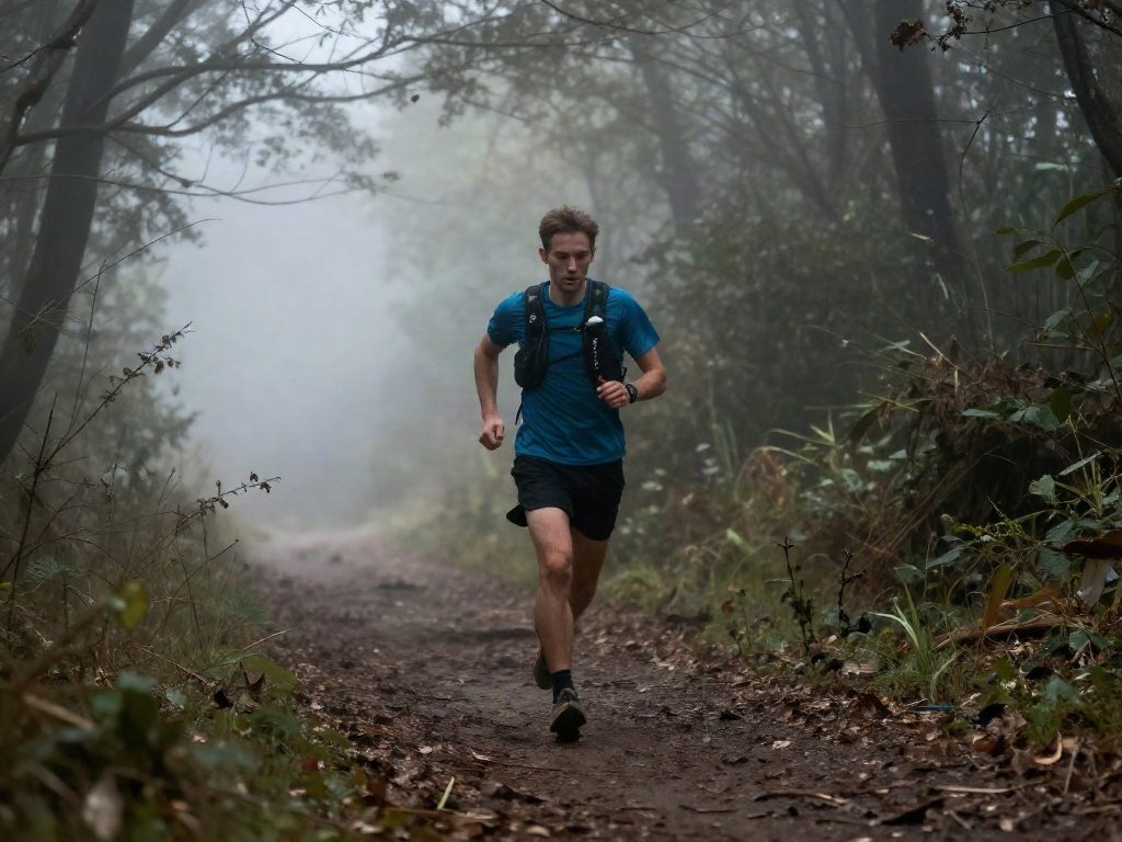 A trail runner on a misty forest path