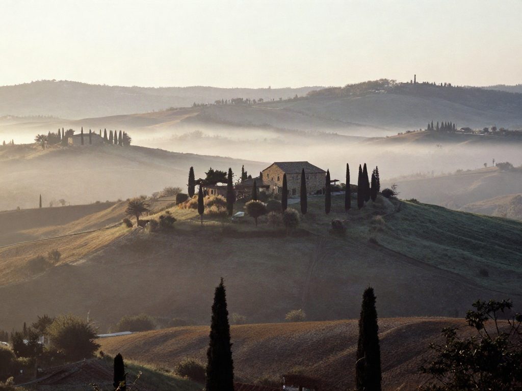 Tuscan hills with cypress trees at sunrise