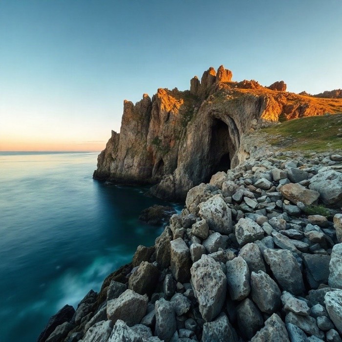 AI generated rocky coastline at golden hour