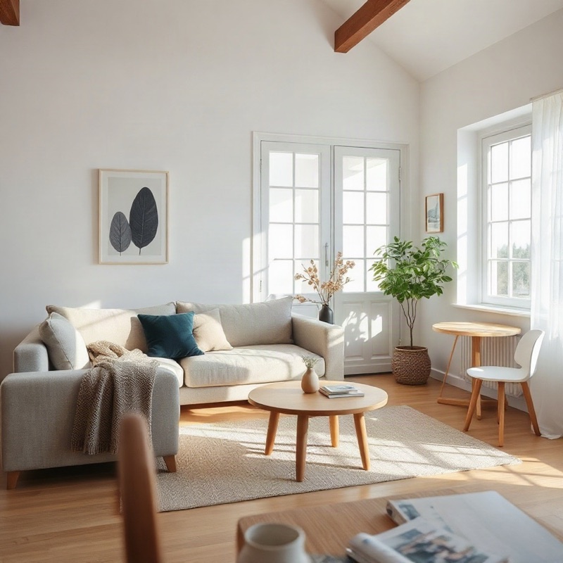 AI generated minimalist Scandinavian interior with a linen sofa