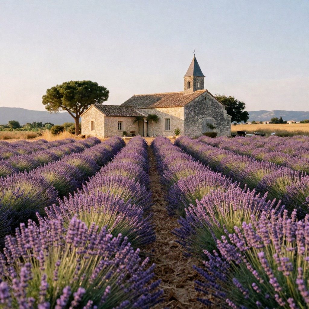 AI generated lavender field with a stone farmhouse in Provence