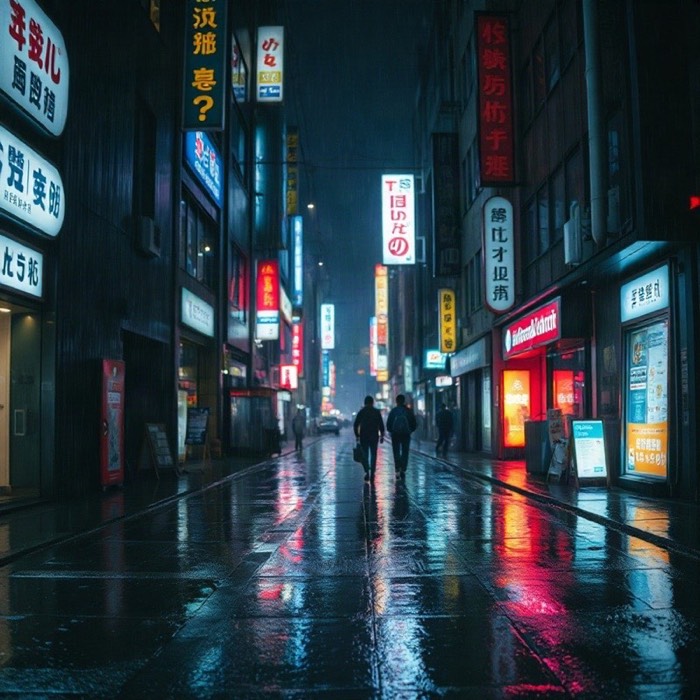 Rain-soaked Tokyo street at night with neon reflections
