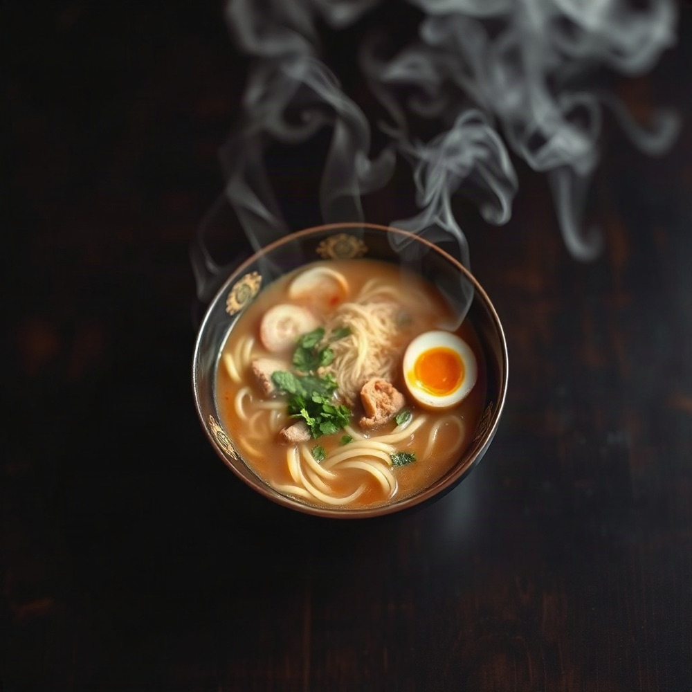Bowl of ramen on a dark wooden table, overhead view