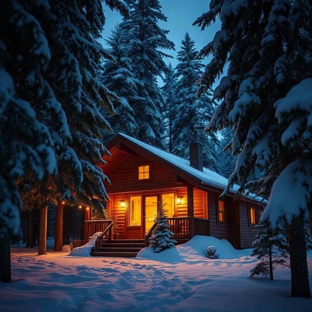 A cozy cabin in a snowy pine forest at night
