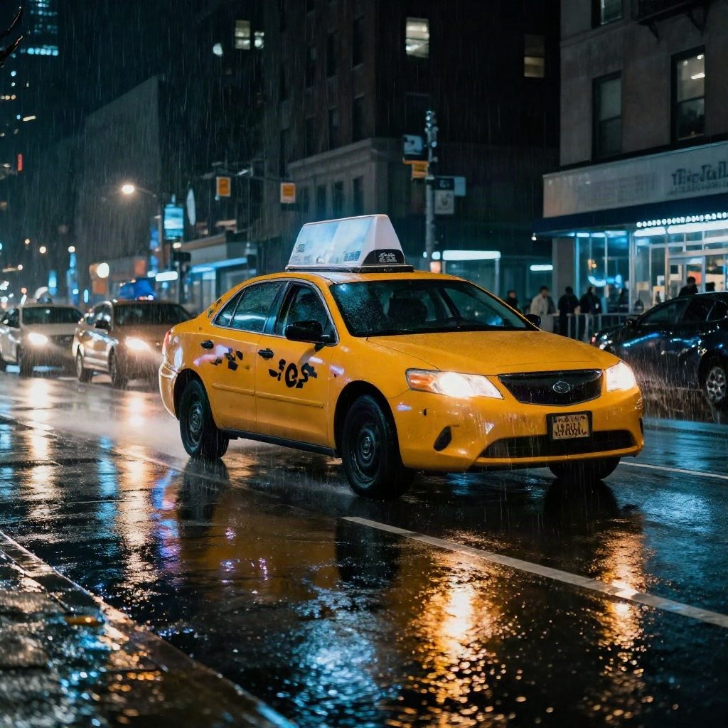 Rain-soaked New York street at night with a yellow taxi