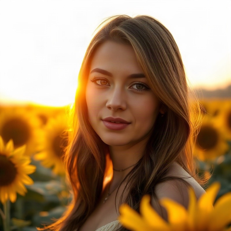 Portrait of a woman in a sunflower field at golden hour