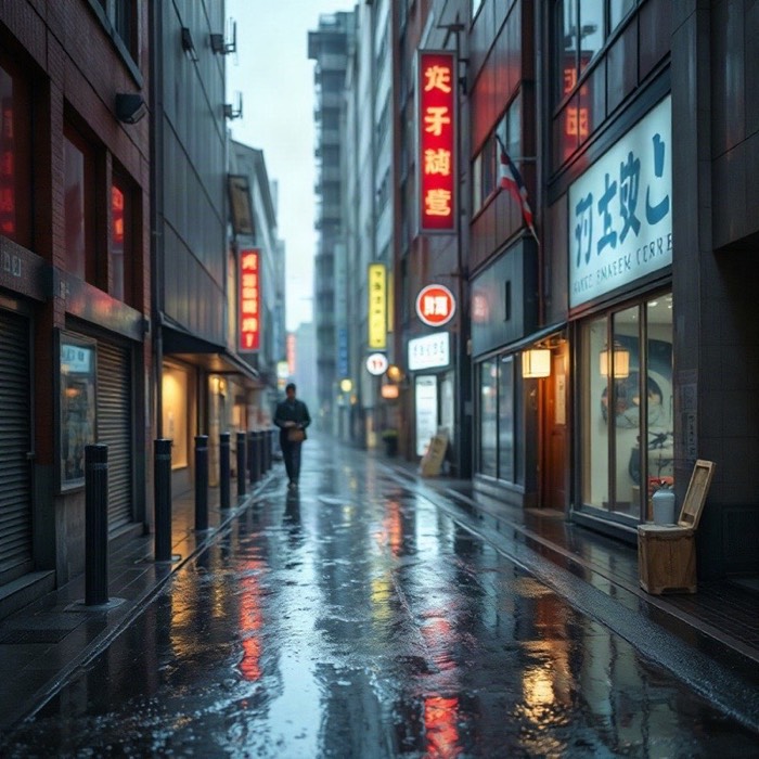 Tokyo alley after rain with reflections on wet pavement