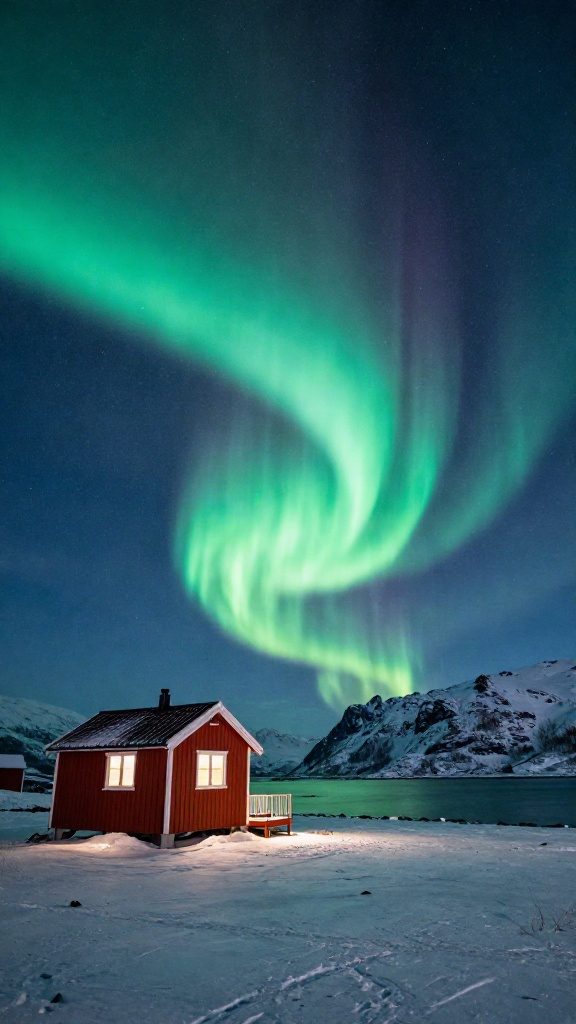 AI photo of the northern lights over a Norwegian cabin