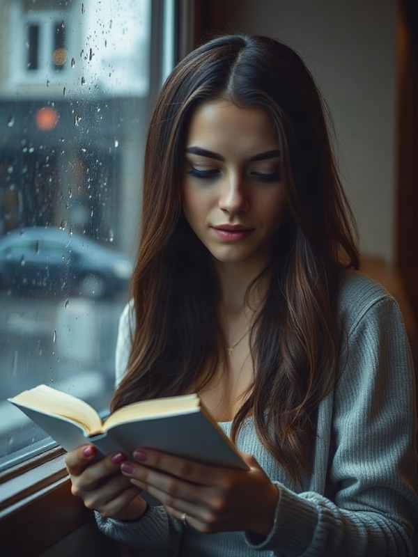 AI photo of a woman reading by a rainy café window