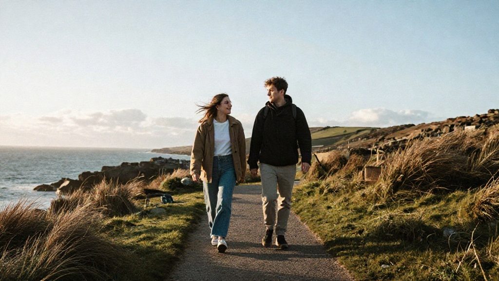 AI photo of a couple walking a coastal path at golden hour