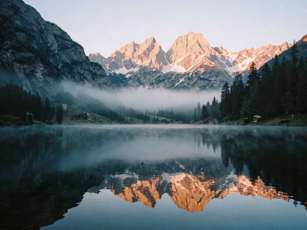 AI photo of an alpine lake at sunrise in the Dolomites
