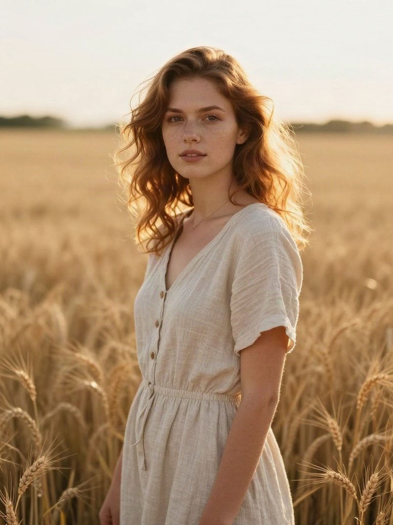 AI photo of a young woman in a wheat field at golden hour
