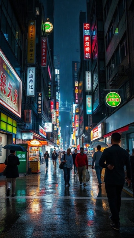 AI photo of a neon-lit Hong Kong street in the rain