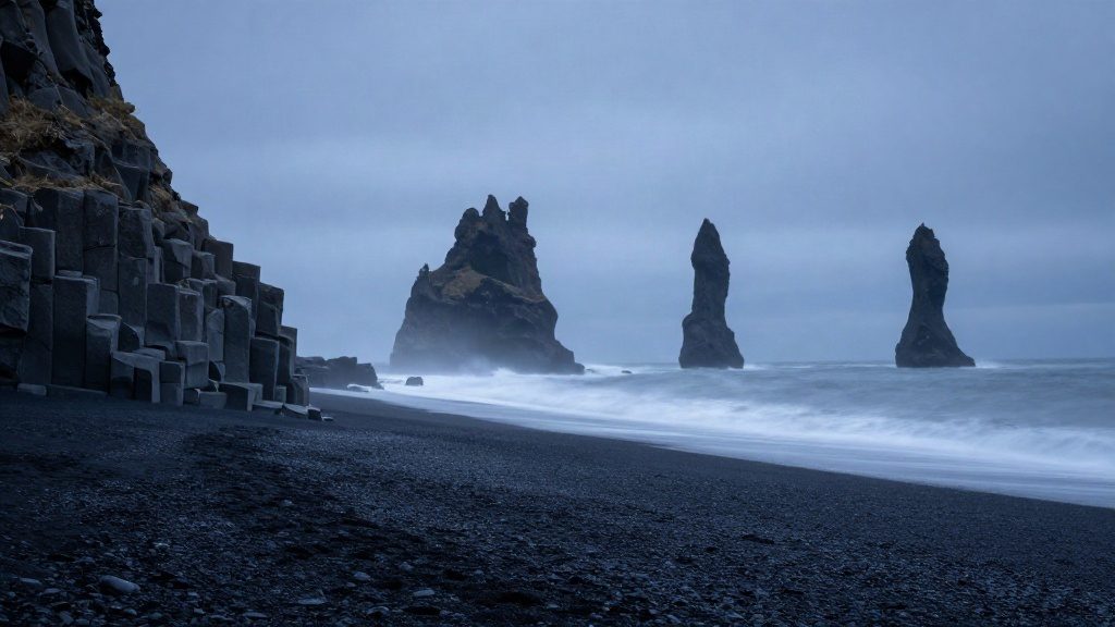 AI photo of an Icelandic black sand beach with sea stacks