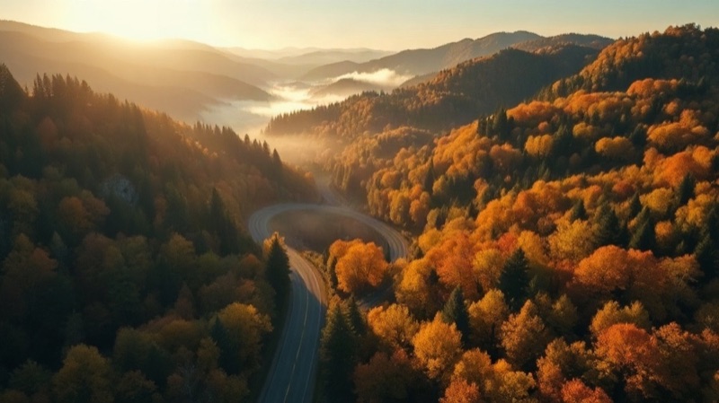 AI photo of a mountain road through autumn forest