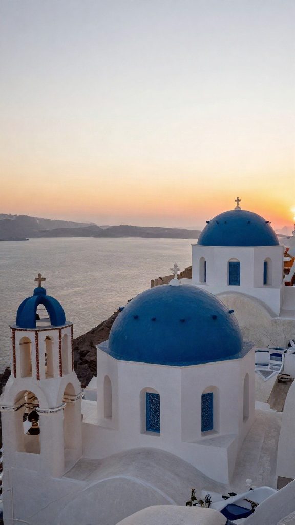 AI photo of Santorini blue domes at sunset