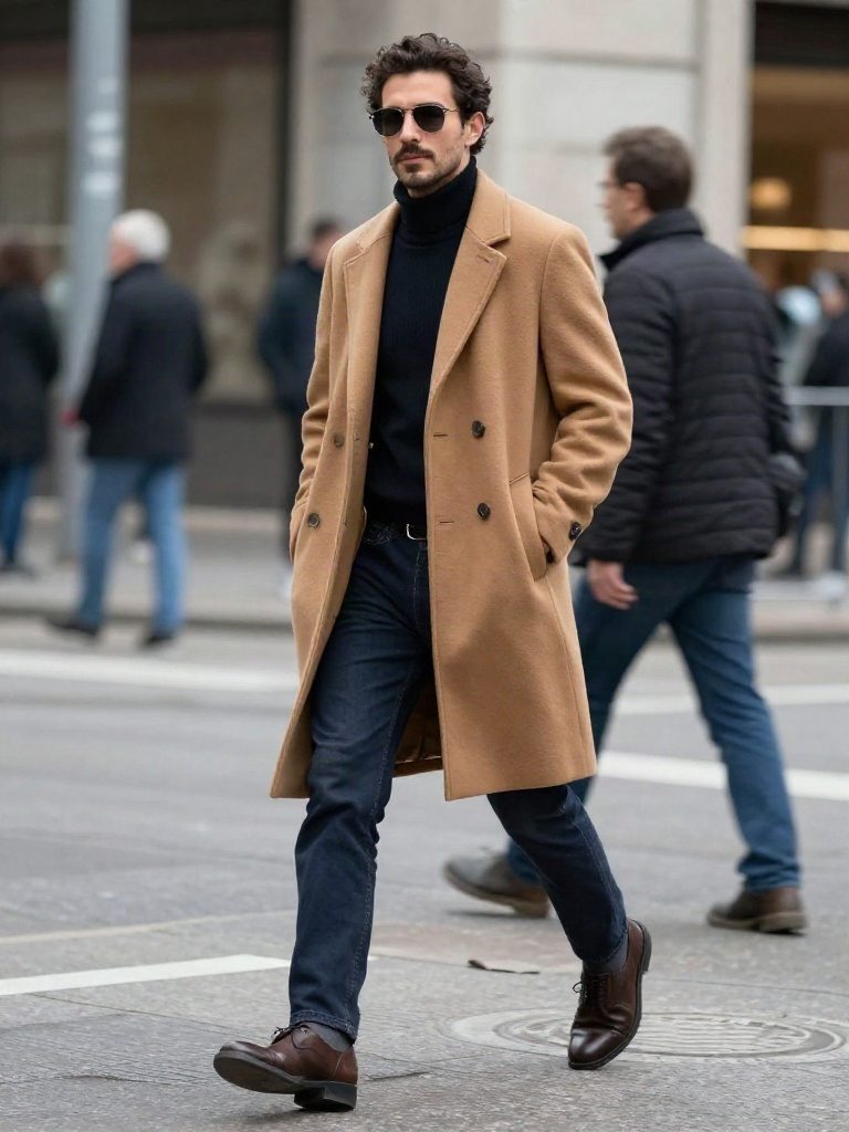 AI street style photo of a man in a camel coat in Milan